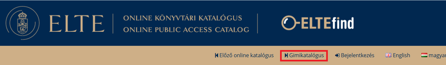 Gimikatalógus elérése az ELTEFindból.